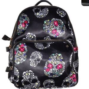MMS DESIGN STUDIO Black Skull Satin Backpack‎